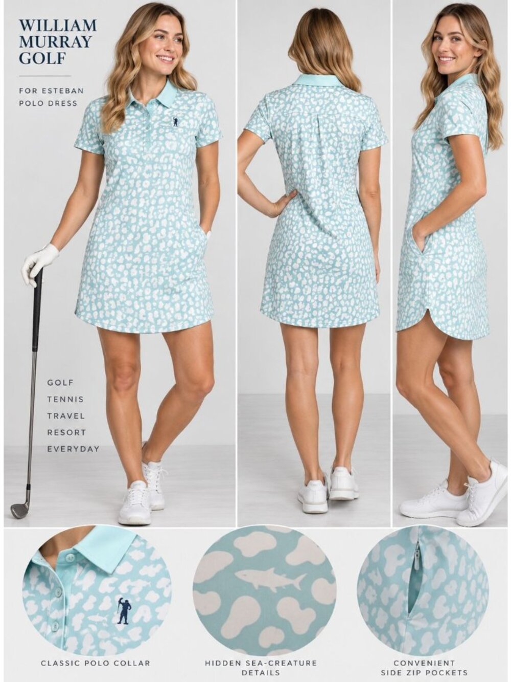 William Murray Golf For Esteban Polo Dress Womens L Aqua Animal Sea Life Print